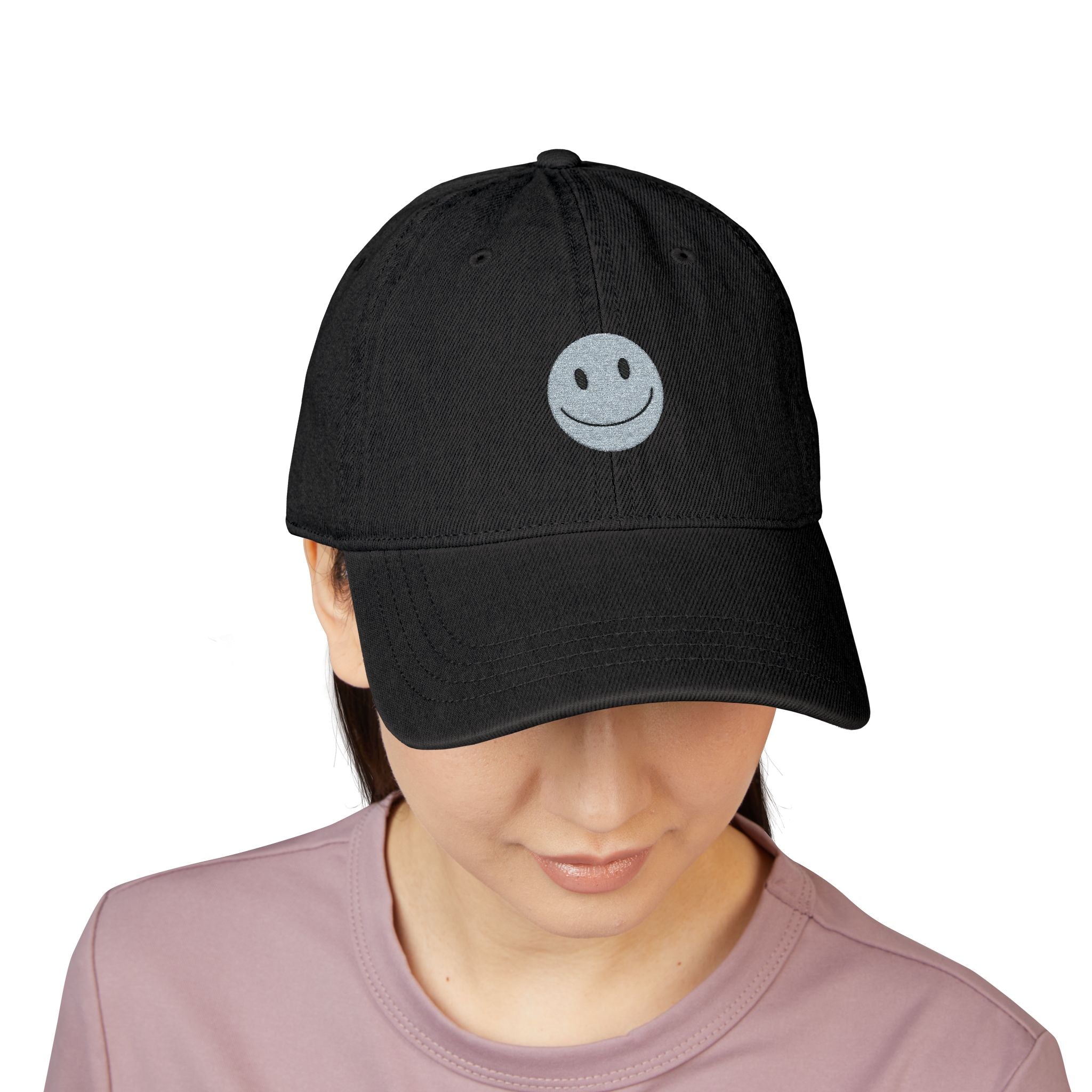 Embroidered Smiley Denim Hat — Black Casual Cap with White Smile Face