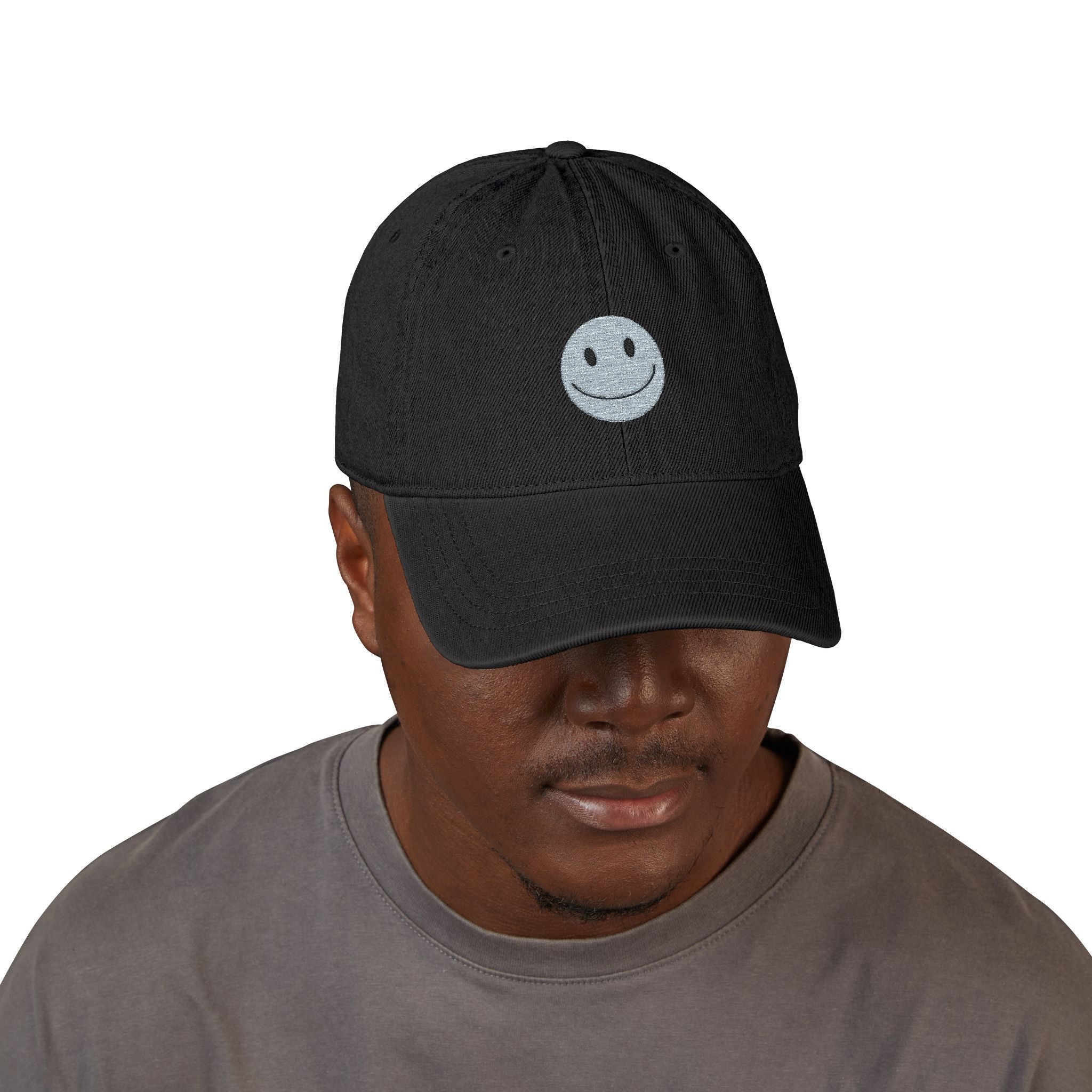 Embroidered Smiley Denim Hat — Black Casual Cap with White Smile Face