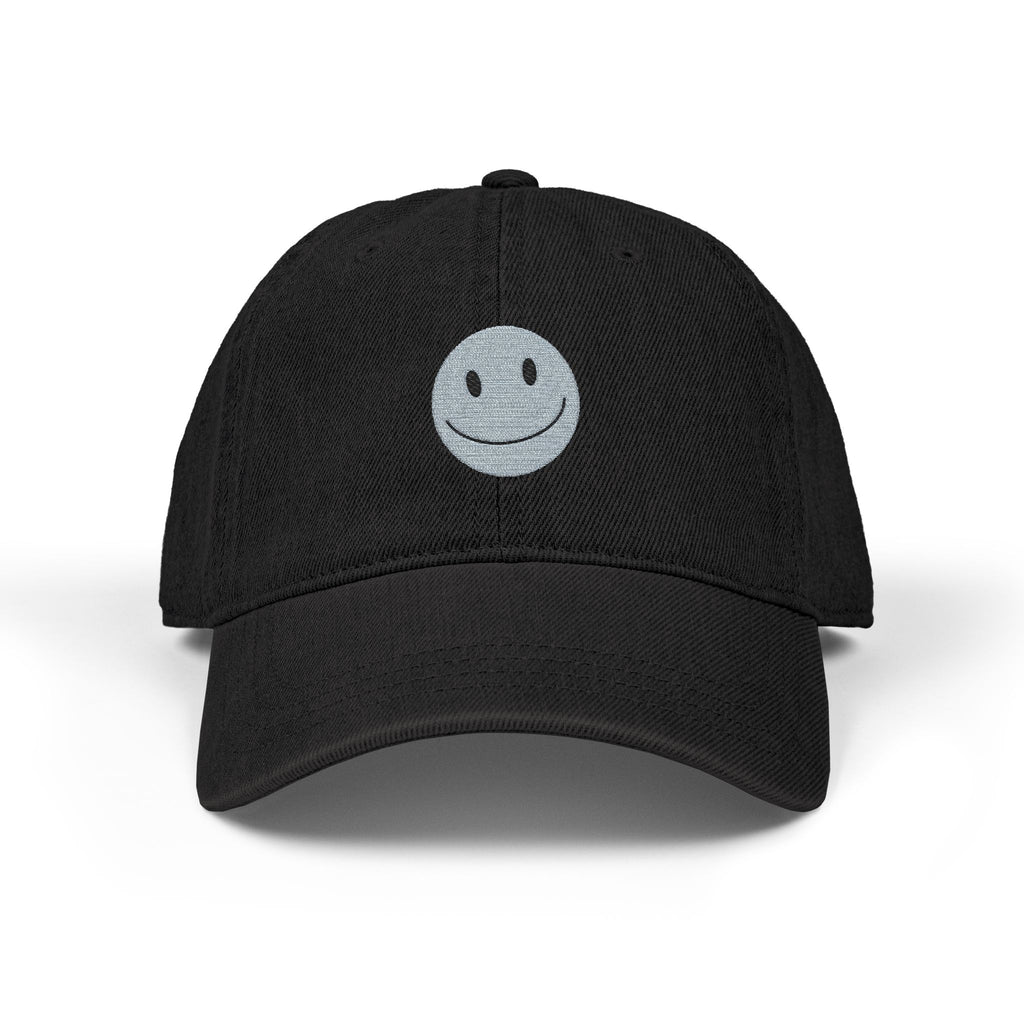 Embroidered Smiley Denim Hat — Black Casual Cap with White Smile Face