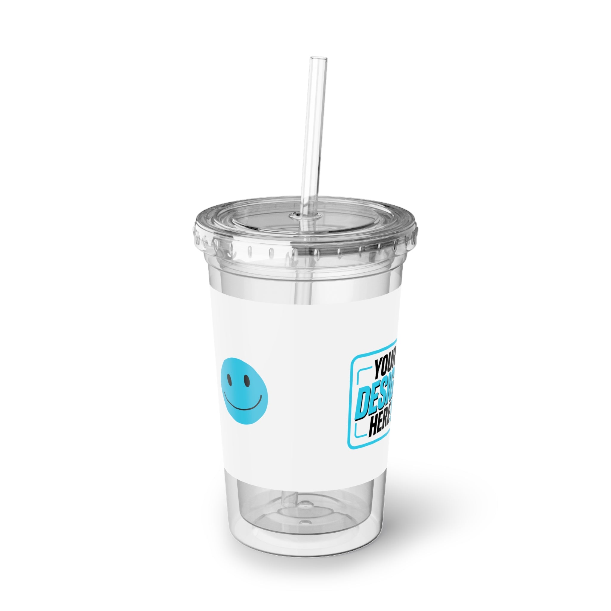 Smiley Acrylic Tumbler – Suave Blue Happy Face Cold Cup with Straw
